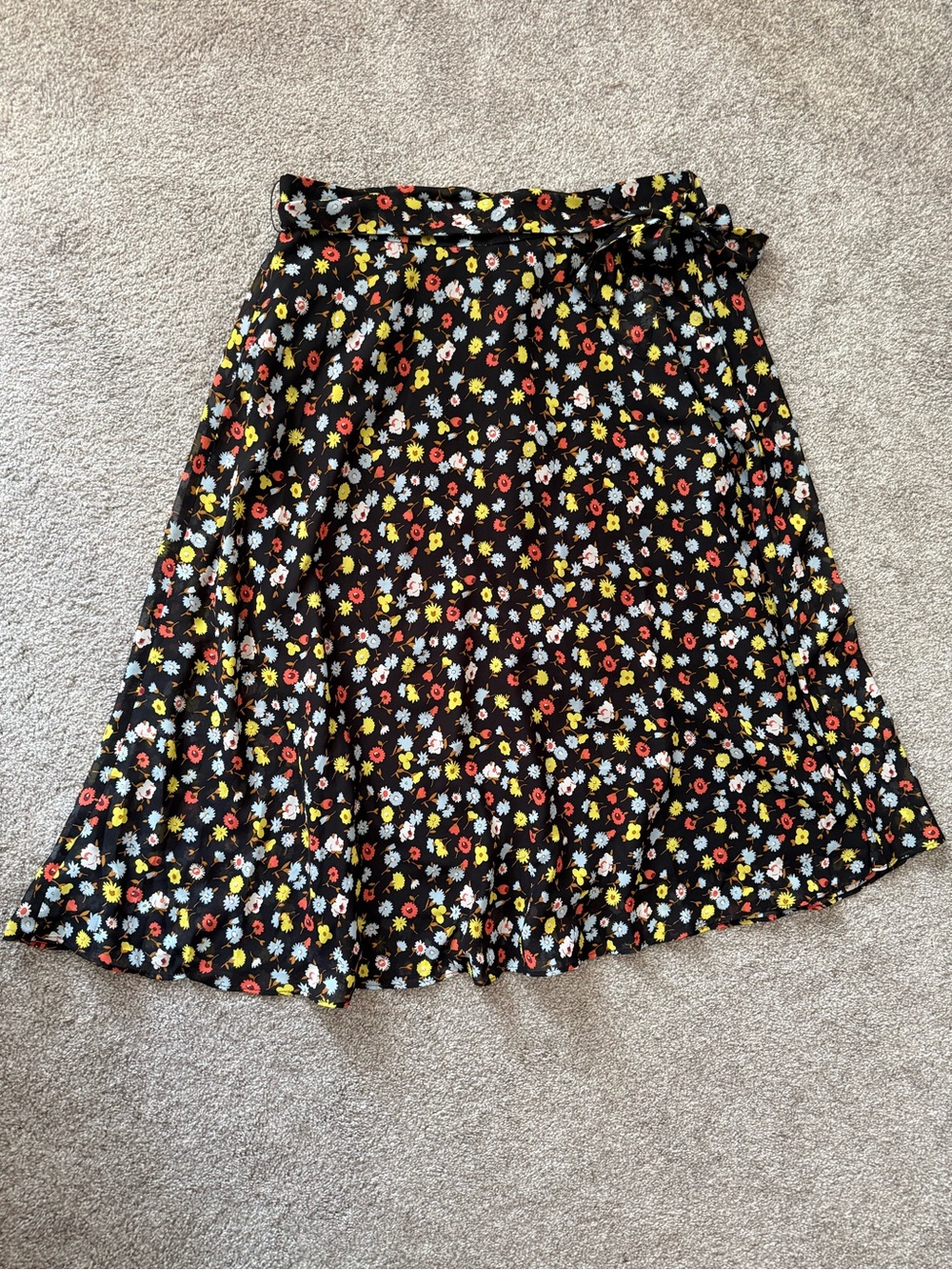 Ann Taylor Factory Midi Skirt, Black Chiffon with Fall Floral Pattern, Medium